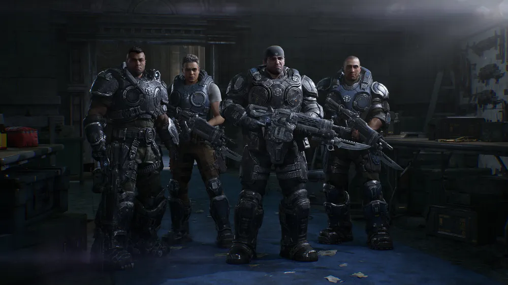 چهار شخصیت اصلی Gears of War E-Day؛ Marcus Fenix، Dom Santiago، Mags Carter و Lucas Reyes